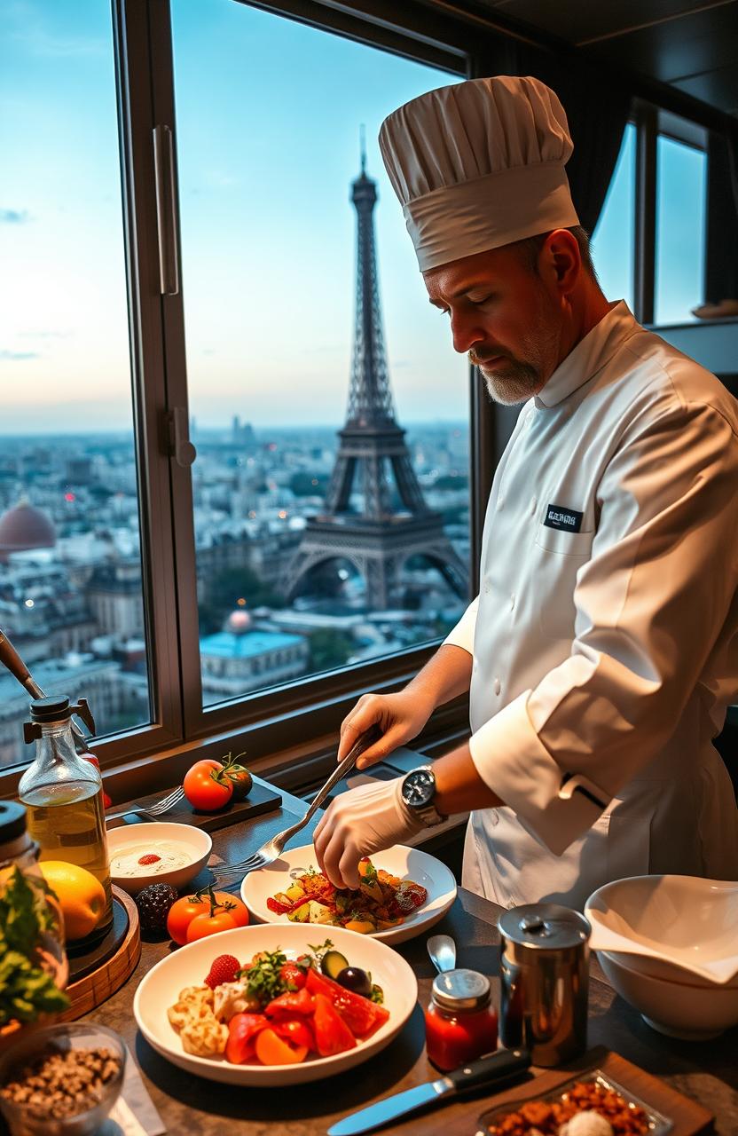 A chef skillfully preparing a gourmet meal in a cozy kitchen set inside the Eiffel Tower