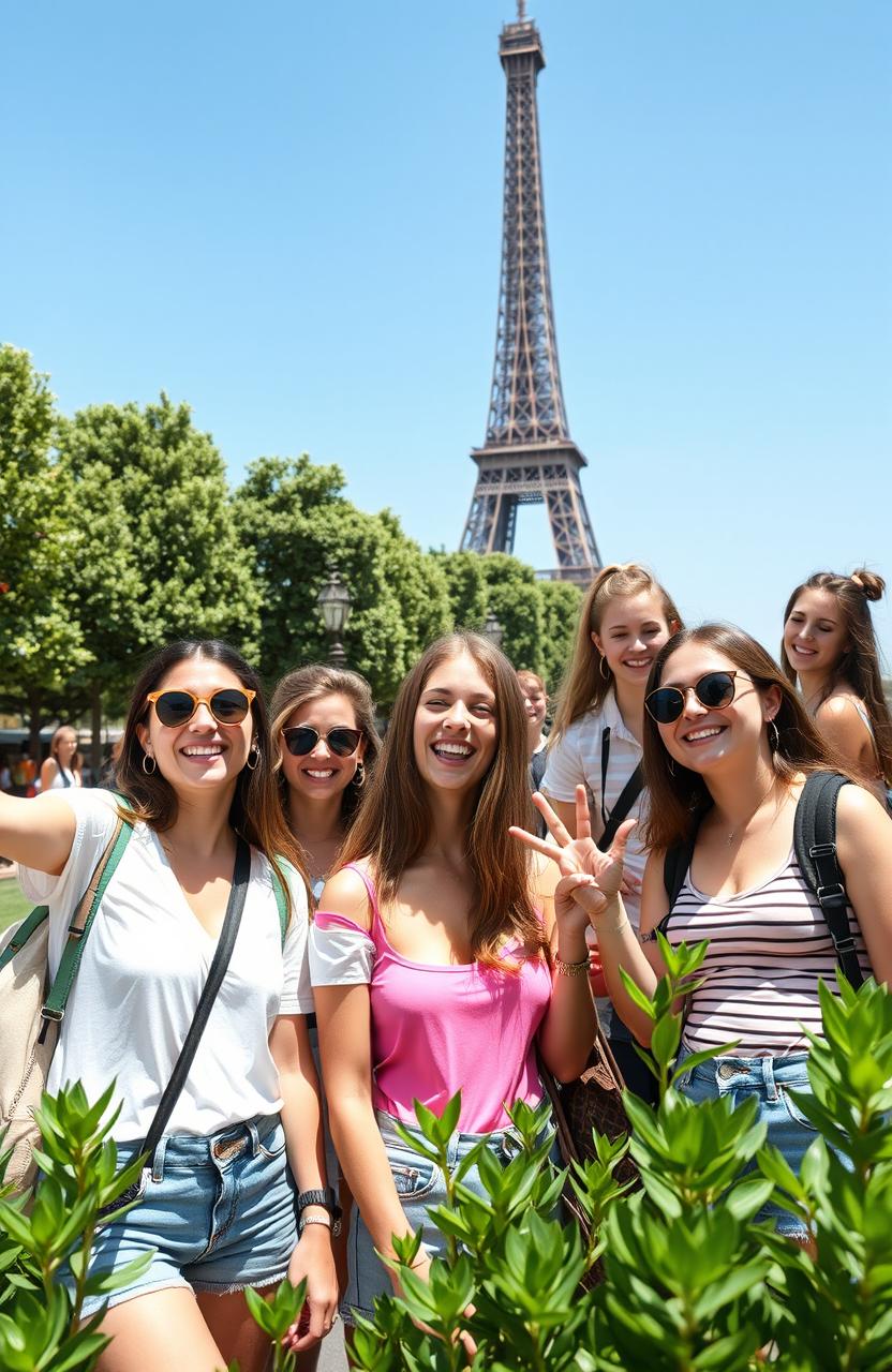 A group of teenagers having fun at the Eiffel Tower in Paris, with the iconic monument in the background