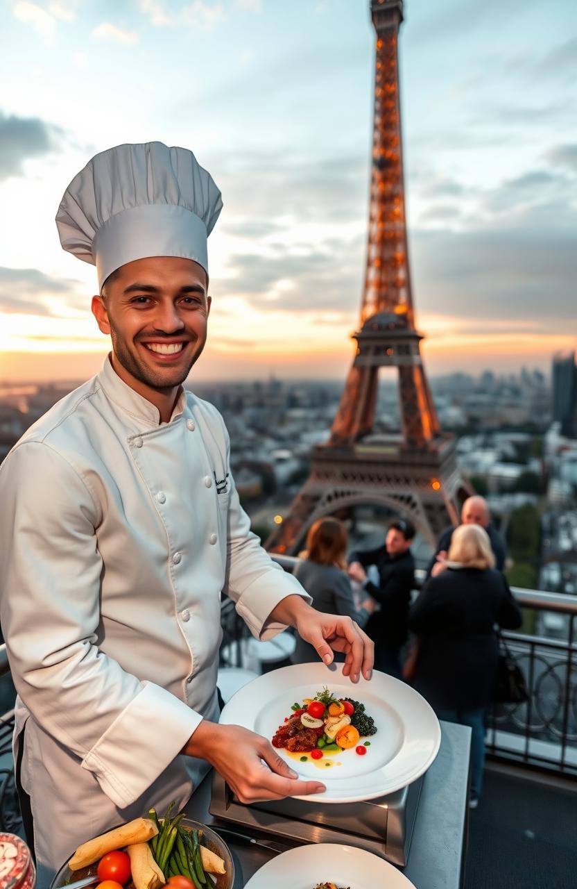 A young and vibrant chef, smiling cheerfully as they prepare a gourmet dish at the top of the Eiffel Tower
