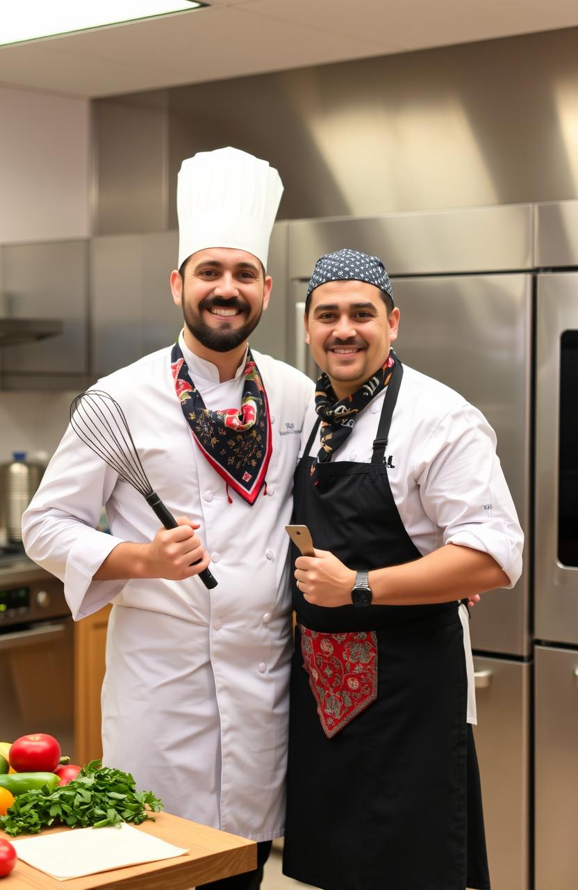 Two chefs posing for a photo together in a well-lit, modern kitchen