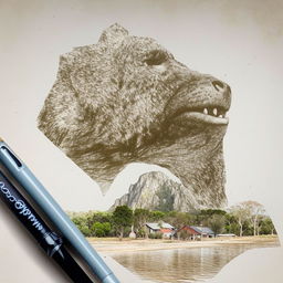 Create an artistic interpretation of Mount Lindesay, Queensland, Australia in the shape of a gorilla using watercolor and pen outlines style.