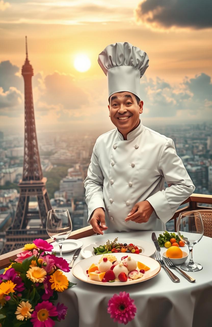 A whimsical scene of a top chef, wearing a traditional chef's hat and a stylish chef coat, standing at the top of the Eiffel Tower