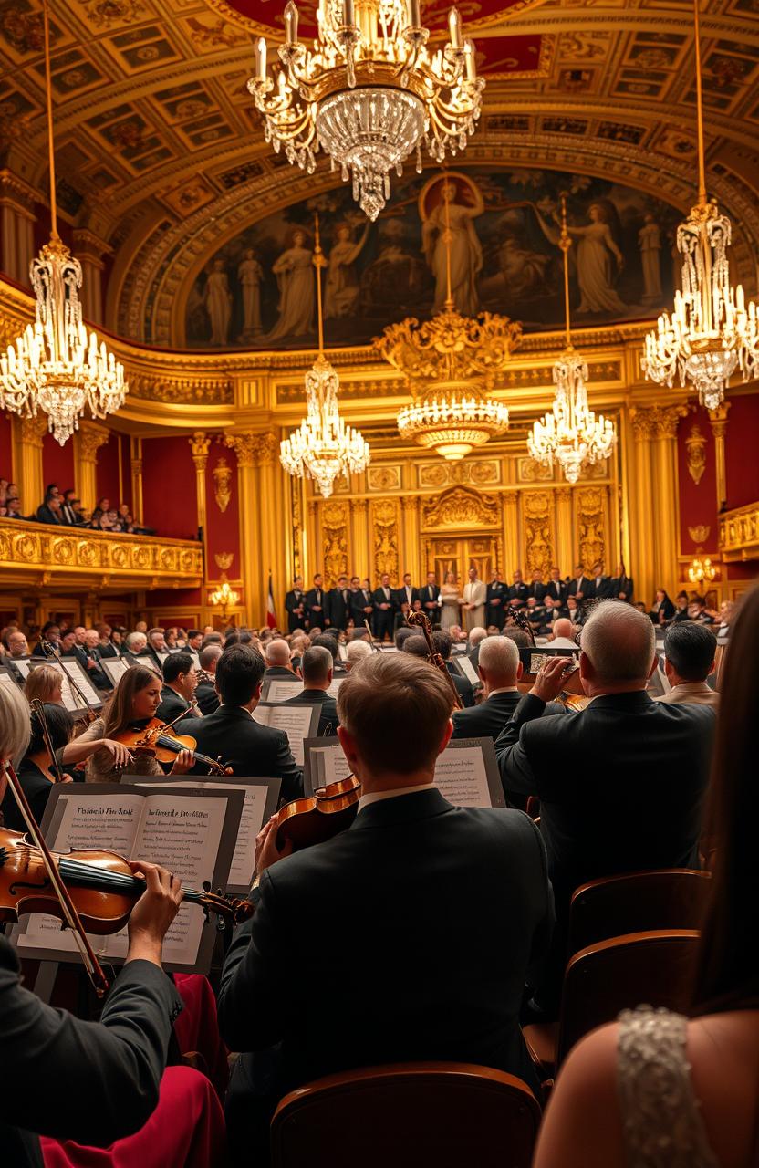 A captivating view of a royal orchestra performance from the audience's perspective