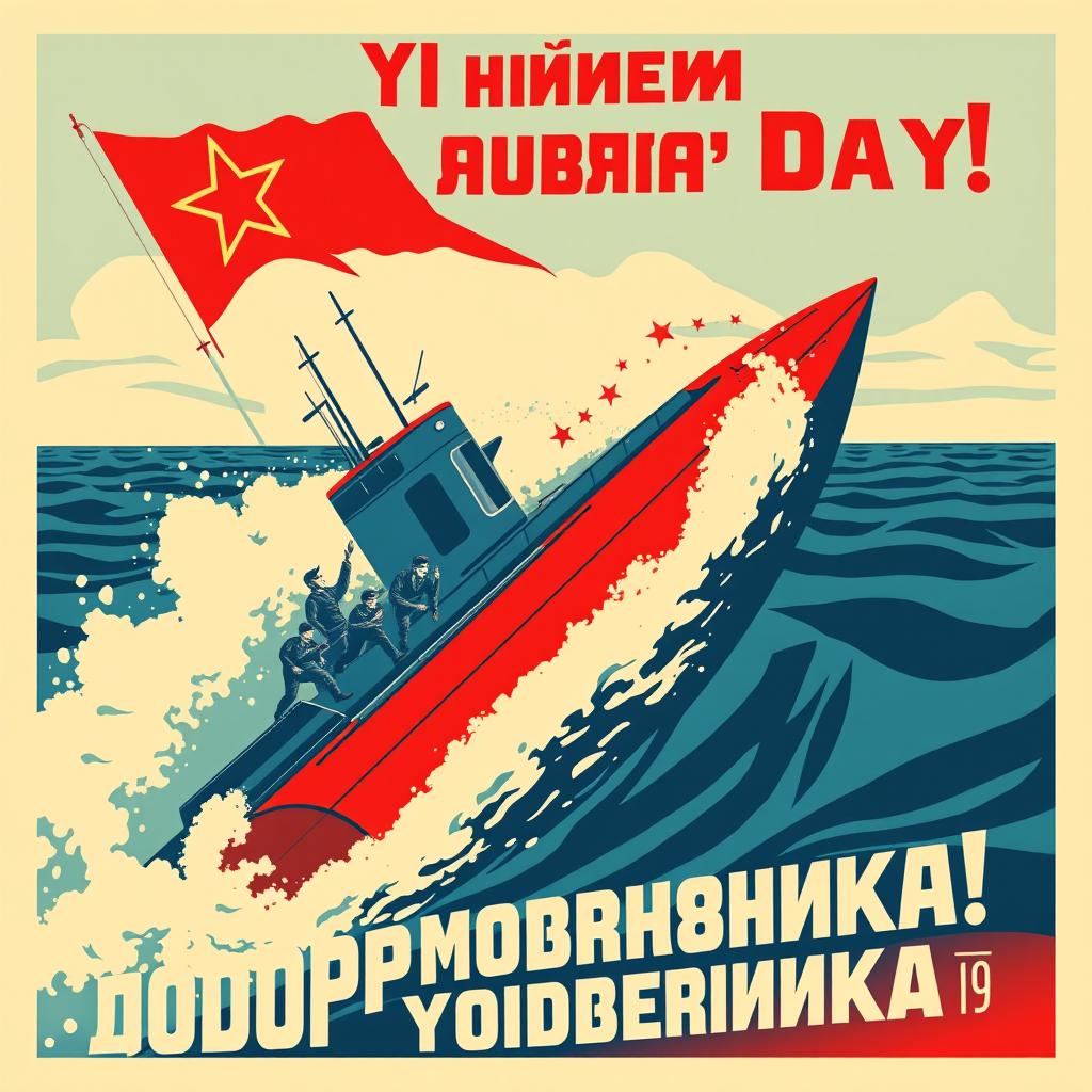 A vintage Soviet-style poster celebrating Submariner's Day on March 19, featuring a heroic submarine crew in action, showcasing their bravery and dedication