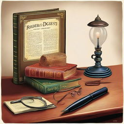 A hardcover Reader's Digest Great Illustrated Dictionary with a detailed, colorful cover laying open on a wooden study desk with antique glasses and a vintage lamp beside it.