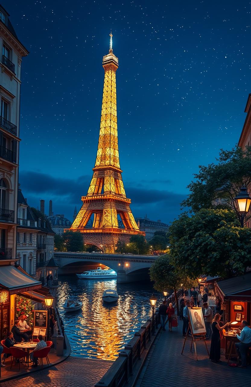 A beautiful nighttime scene of Paris, showcasing the iconic Eiffel Tower illuminated with sparkling lights, surrounded by the Seine River reflecting the city lights
