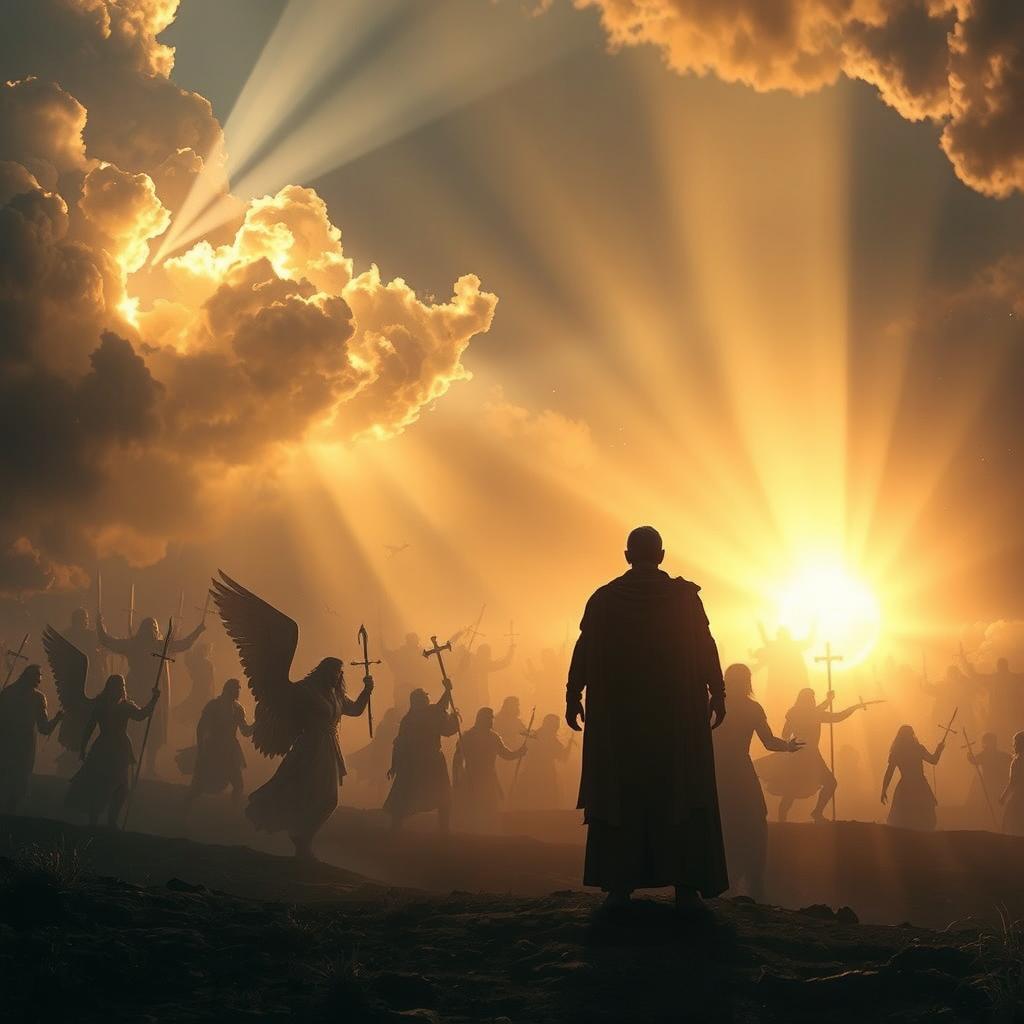 A captivating and dramatic representation of a spiritual battle and revelation scene inspired by biblical themes