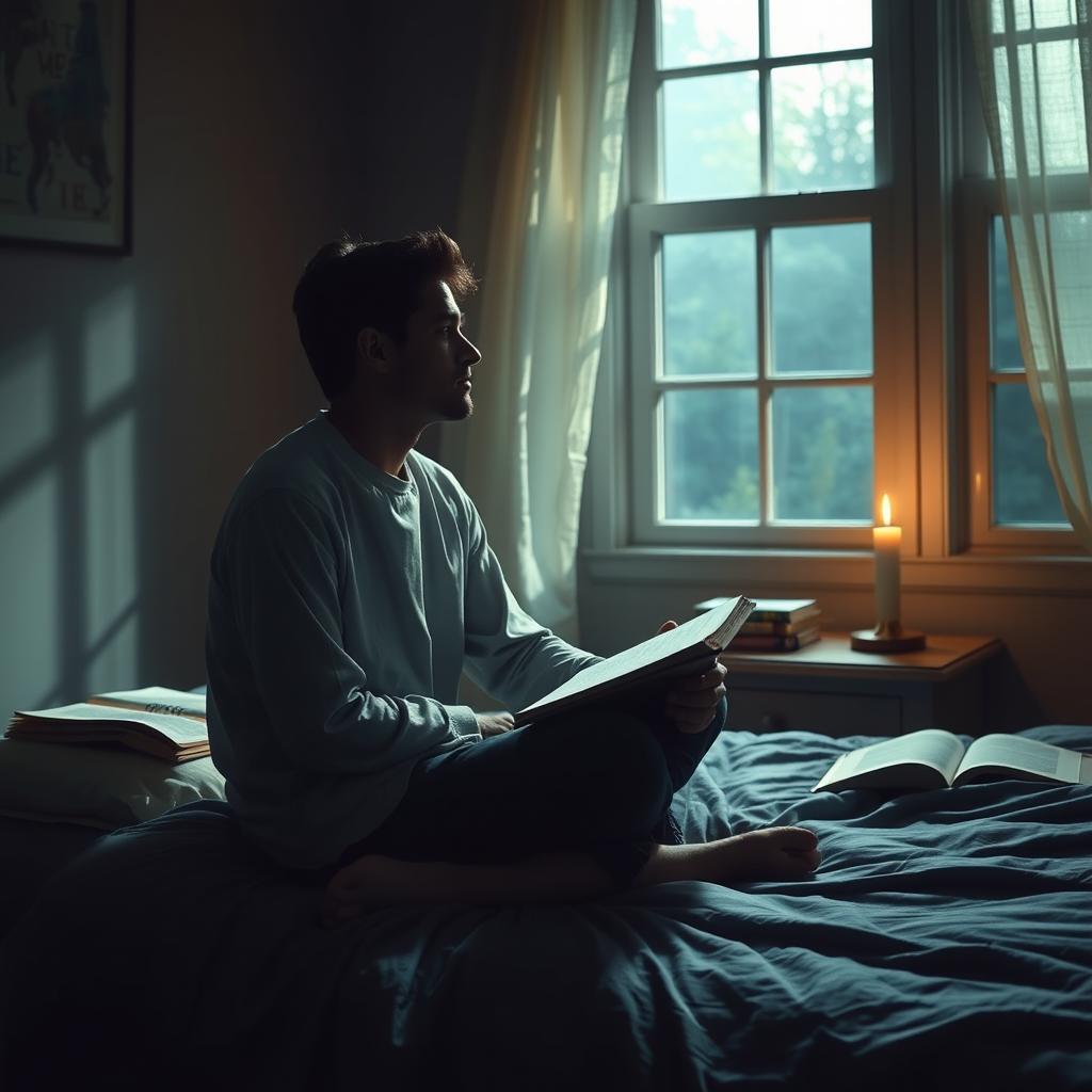 A deeply contemplative scene depicting a person awakening in the stillness of night, feeling a divine call to prayer