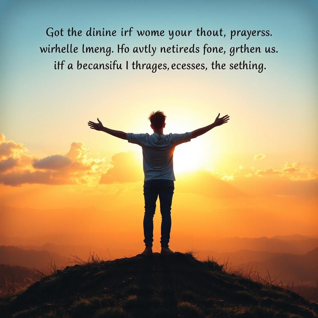 An inspirational scene showing a person standing on a hilltop at dawn, overlooking a vast landscape bathed in the soft glow of the rising sun
