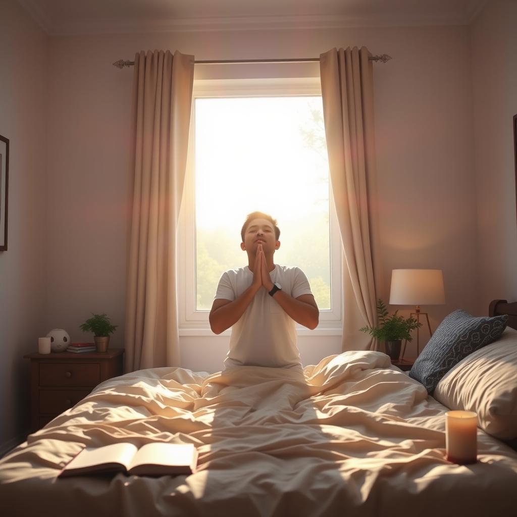 An uplifting scene of a person rising from their bed at dawn, with an expression of determination and hope on their face