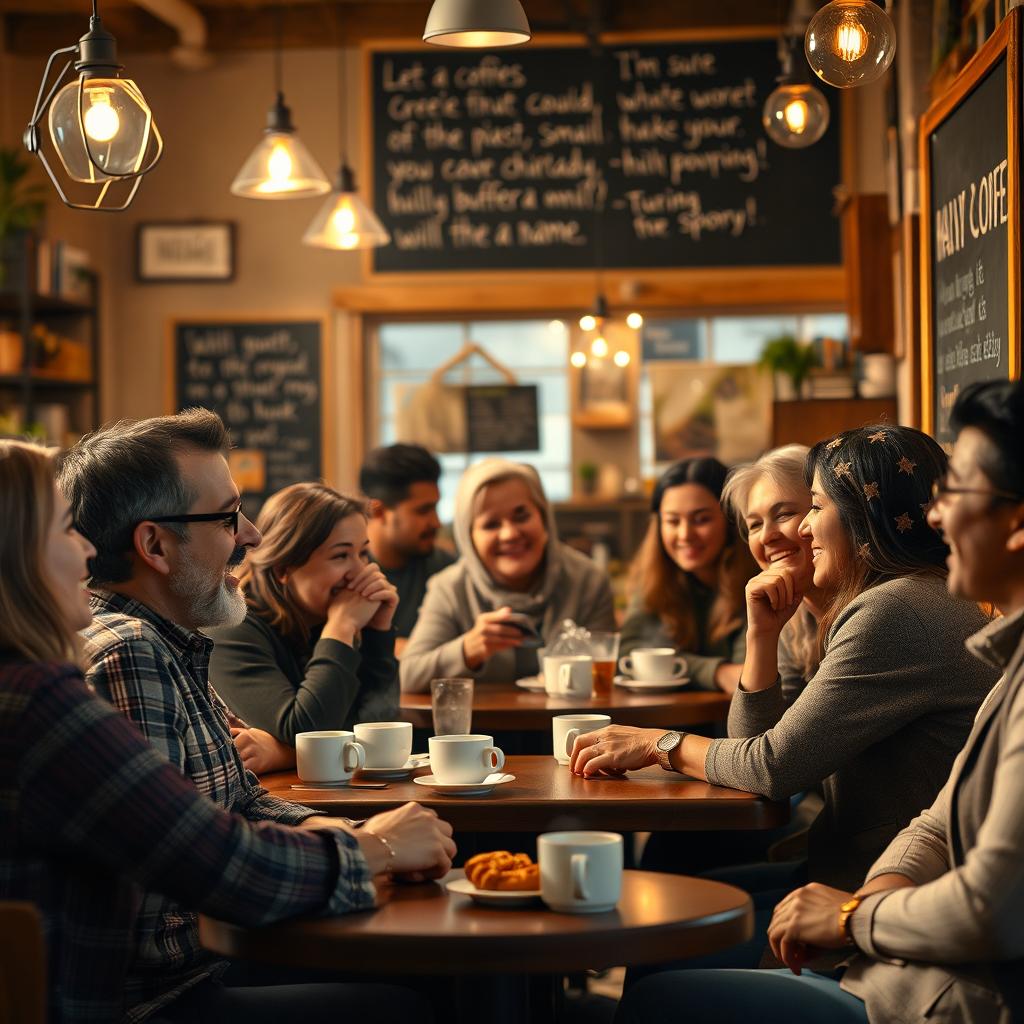 An inviting scene of a cozy café filled with warm lighting, where diverse individuals are gathered, sharing their stories and experiences