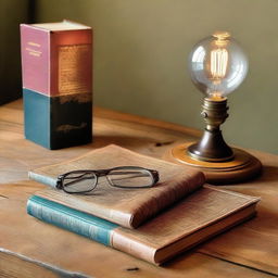 A hardcover Reader's Digest Great Illustrated Dictionary with a detailed, colorful cover laying open on a wooden study desk with antique glasses and a vintage lamp beside it.