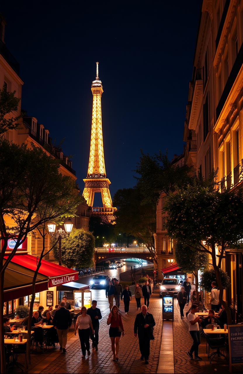 A vibrant view of the streets of Paris at night, illuminated by warm streetlights and the glow of cafe windows