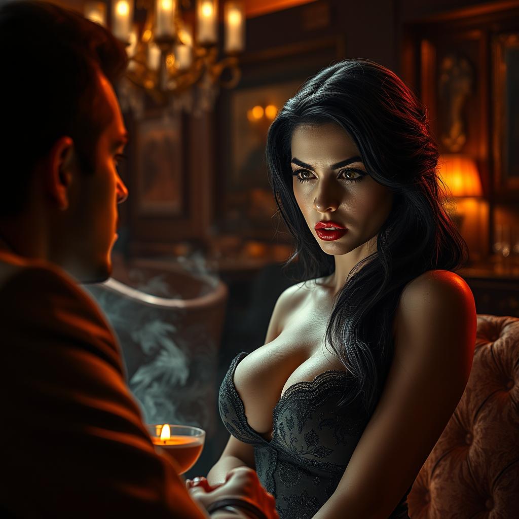 A dramatic scene depicting a beautiful woman, a courtesan, with an alluring presence
