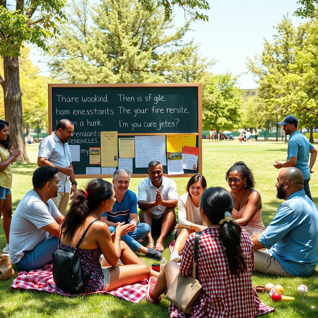 A vibrant social media post featuring a diverse group of people engaging in conversation, sharing experiences and stories in a lively setting