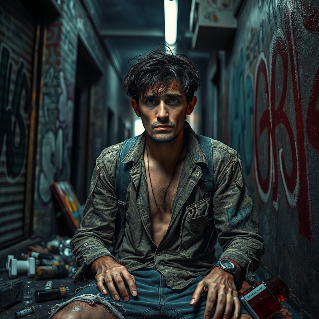A confused individual in a state of distress, depicted in a contemporary urban setting