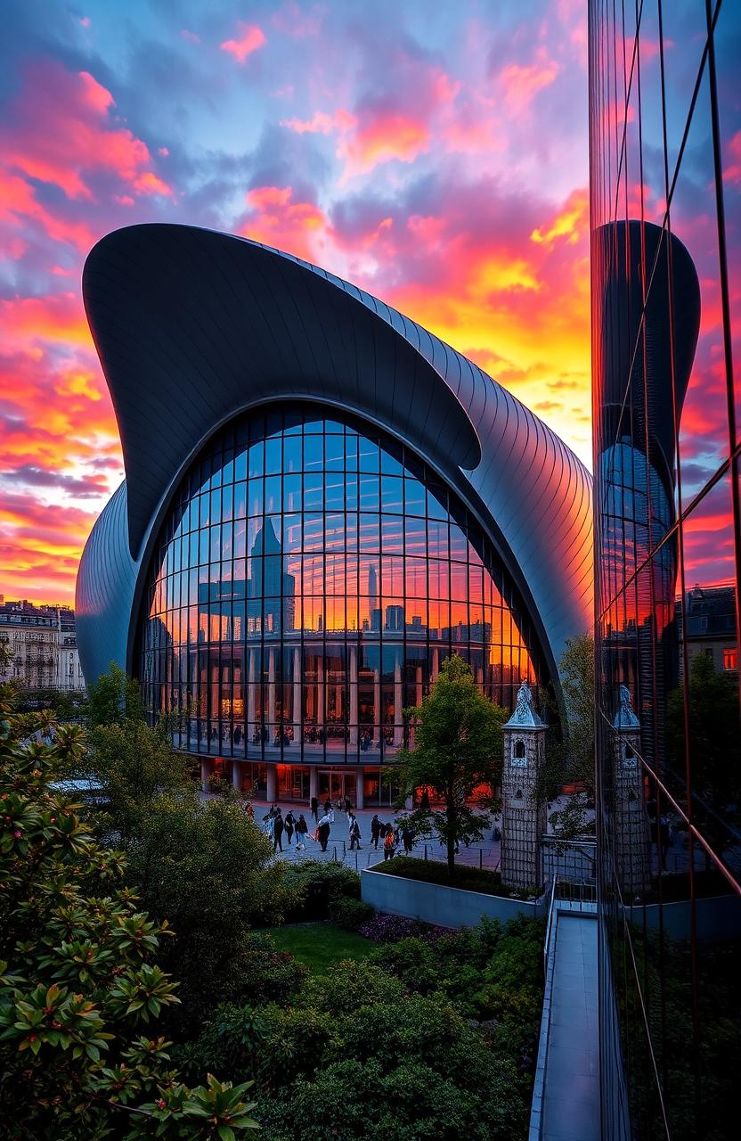 An artistically rendered view of the Philharmonie de Paris, showcasing its stunning architecture with its unique metallic curves and intricate details