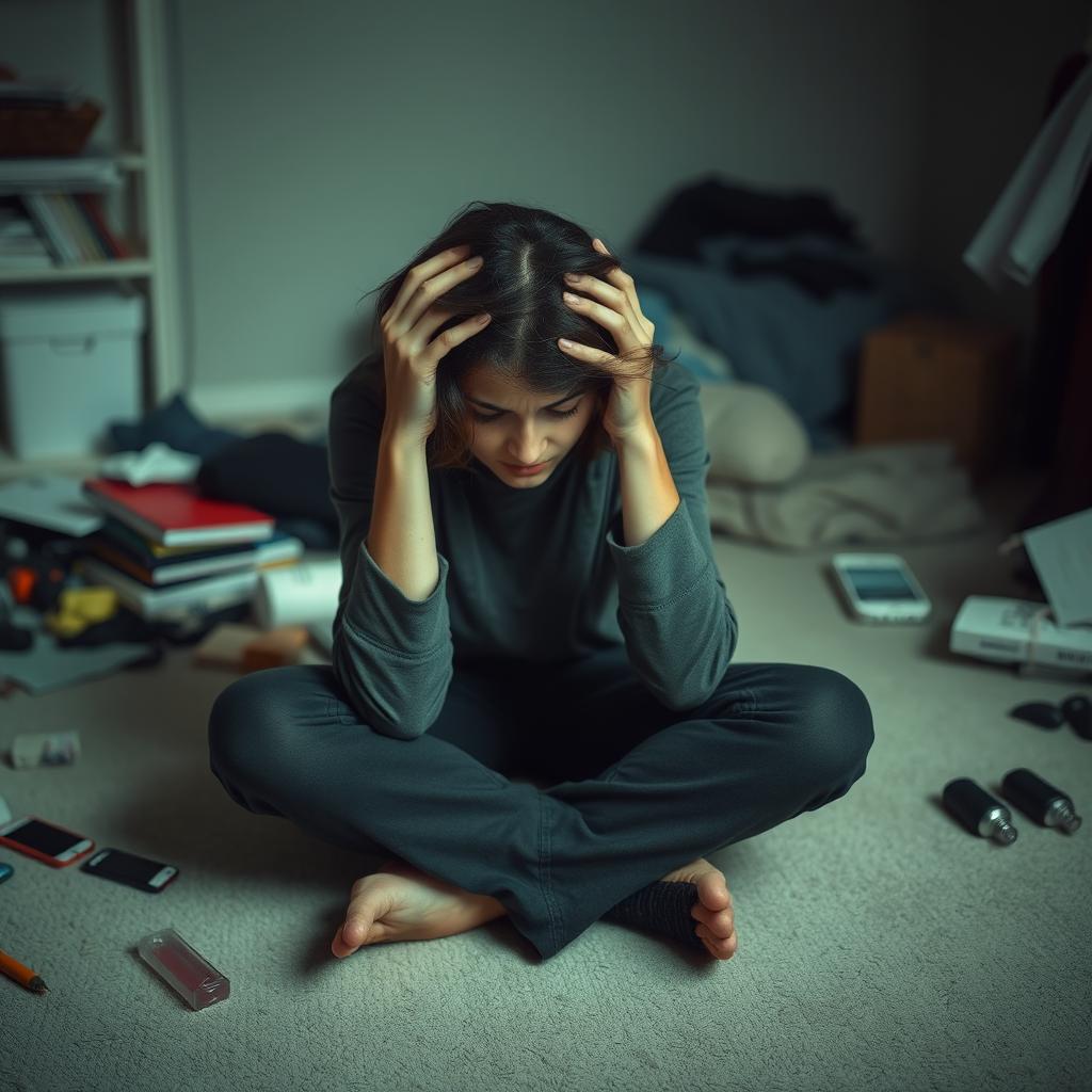 A person sitting on the floor with their head in their hands, looking down in a state of confusion and distress
