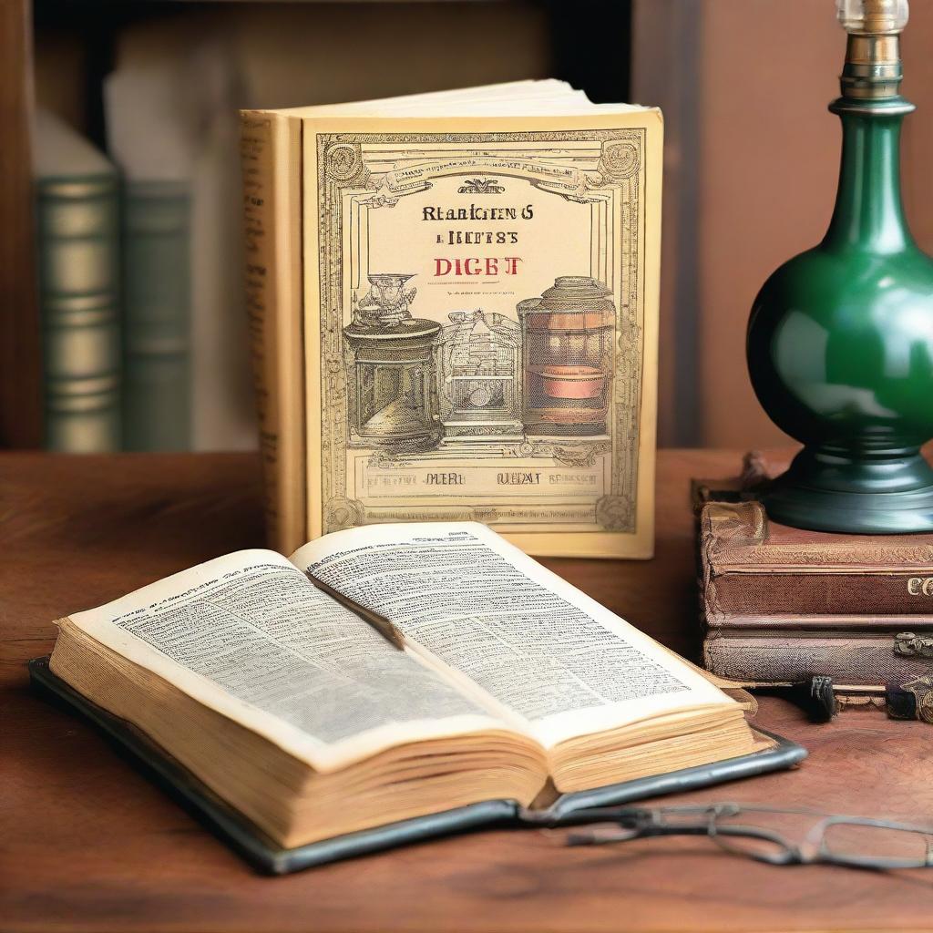 A hardcover Reader's Digest Great Illustrated Dictionary with a detailed, colorful cover laying open on a wooden study desk with antique glasses and a vintage lamp beside it.