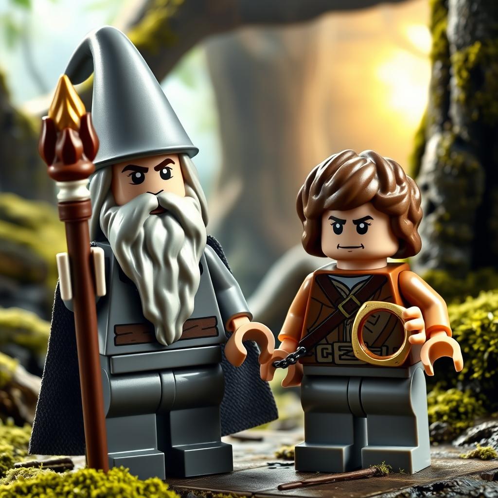 A detailed scene featuring LEGO figures of Gandalf and Frodo