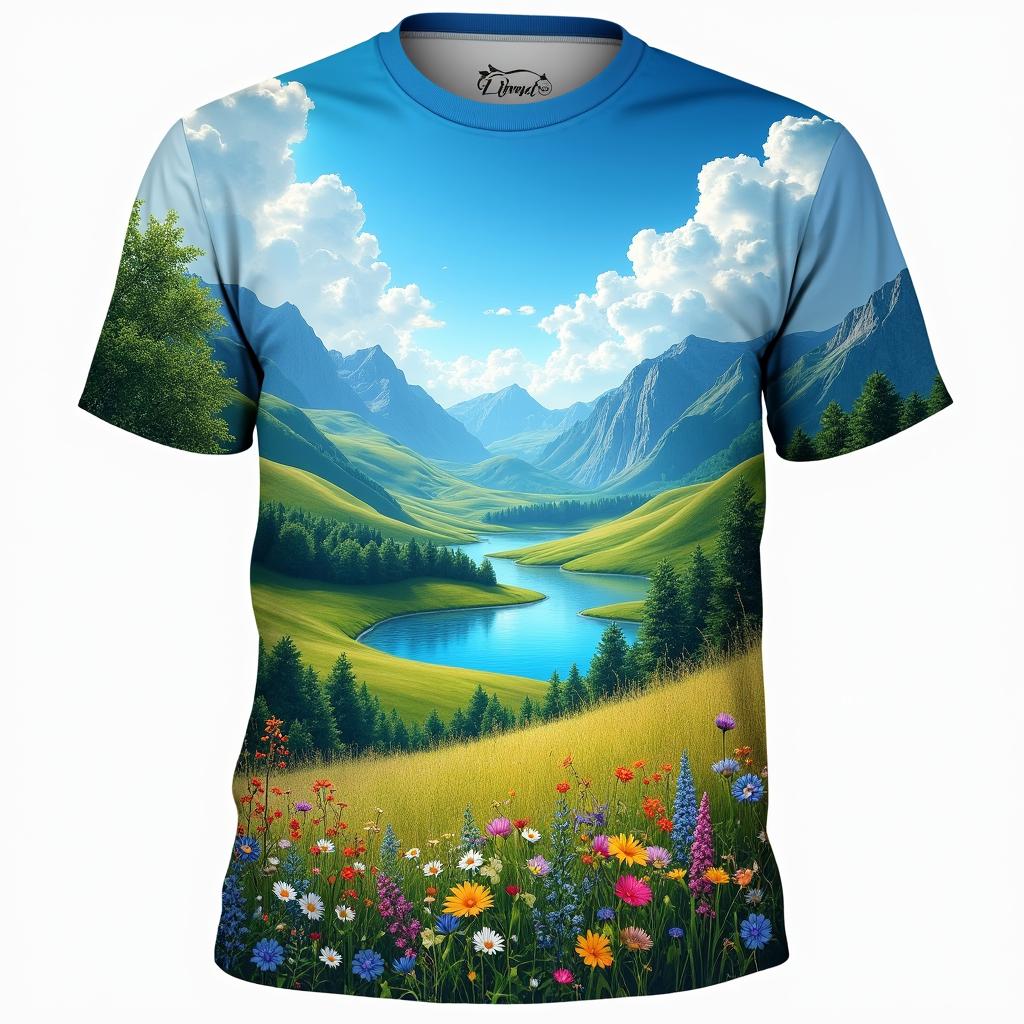 A vibrant and colorful T-shirt design featuring a beautiful world scene