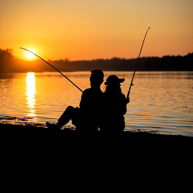 A serene scene depicting the shadow of a man and a woman sitting closely together on the riverbank, both holding fishing rods