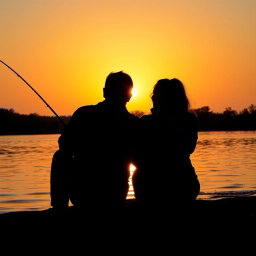 A serene scene depicting the shadow of a man and a woman sitting closely together on the riverbank, both holding fishing rods