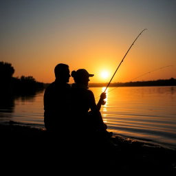 A serene scene depicting the shadow of a man and a woman sitting closely together on the riverbank, both holding fishing rods