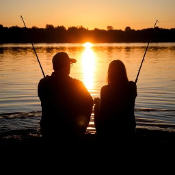 A serene scene depicting the shadow of a man and a woman sitting closely together on the riverbank, both holding fishing rods