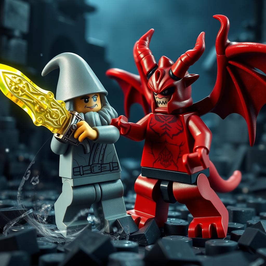 A dynamic and dramatic scene featuring a Lego Gandalf character engaged in an epic battle with a Lego demon