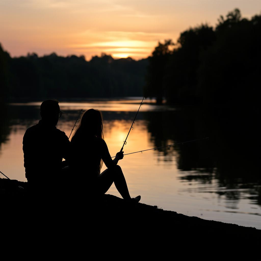 A serene scene capturing the shadows of a man and a woman sitting together by the riverbank