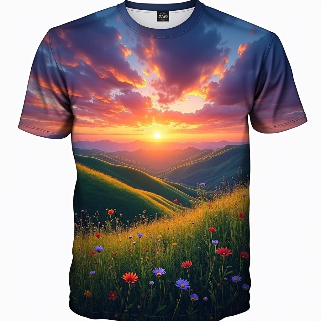 A beautifully designed T-shirt featuring a vivid, abstract depiction of a stunning world landscape, showcasing a colorful sunset over rolling hills