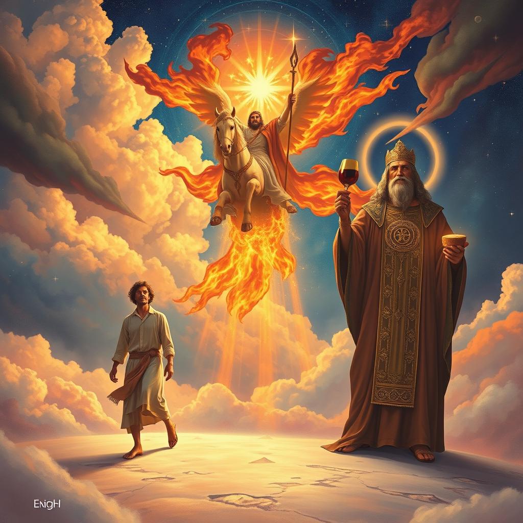 An intriguing and mystical illustration showcasing the three figures from the Bible who are believed to have never died: Enoch, Elijah, and Melchizedek