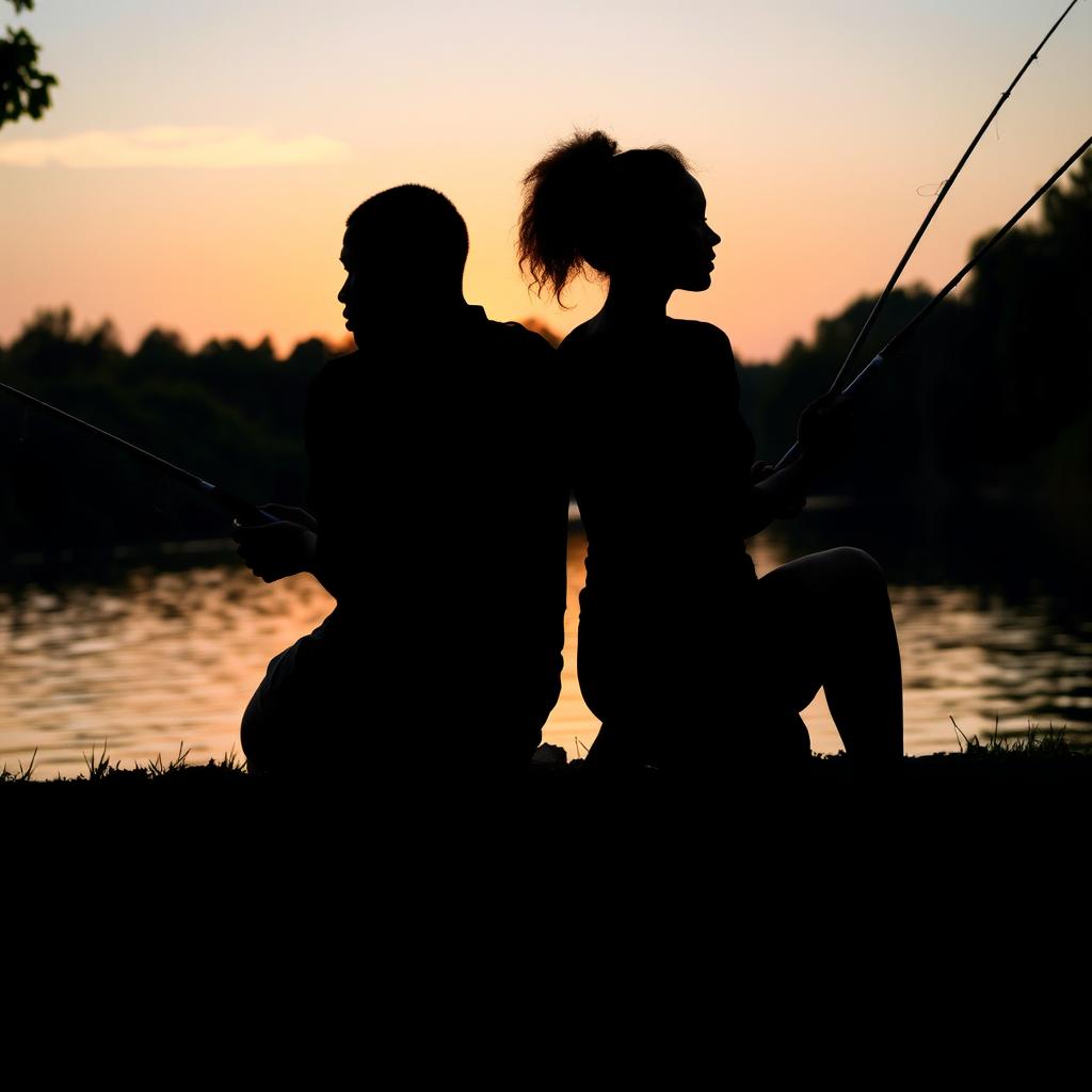 A serene scene capturing the shadows of a young black man and a woman sitting together by the riverbank