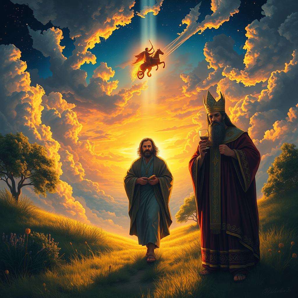 An evocative and thought-provoking illustration of the three men from the Bible who are believed to have vanished without dying: Enoch, Elijah, and Melchizedek