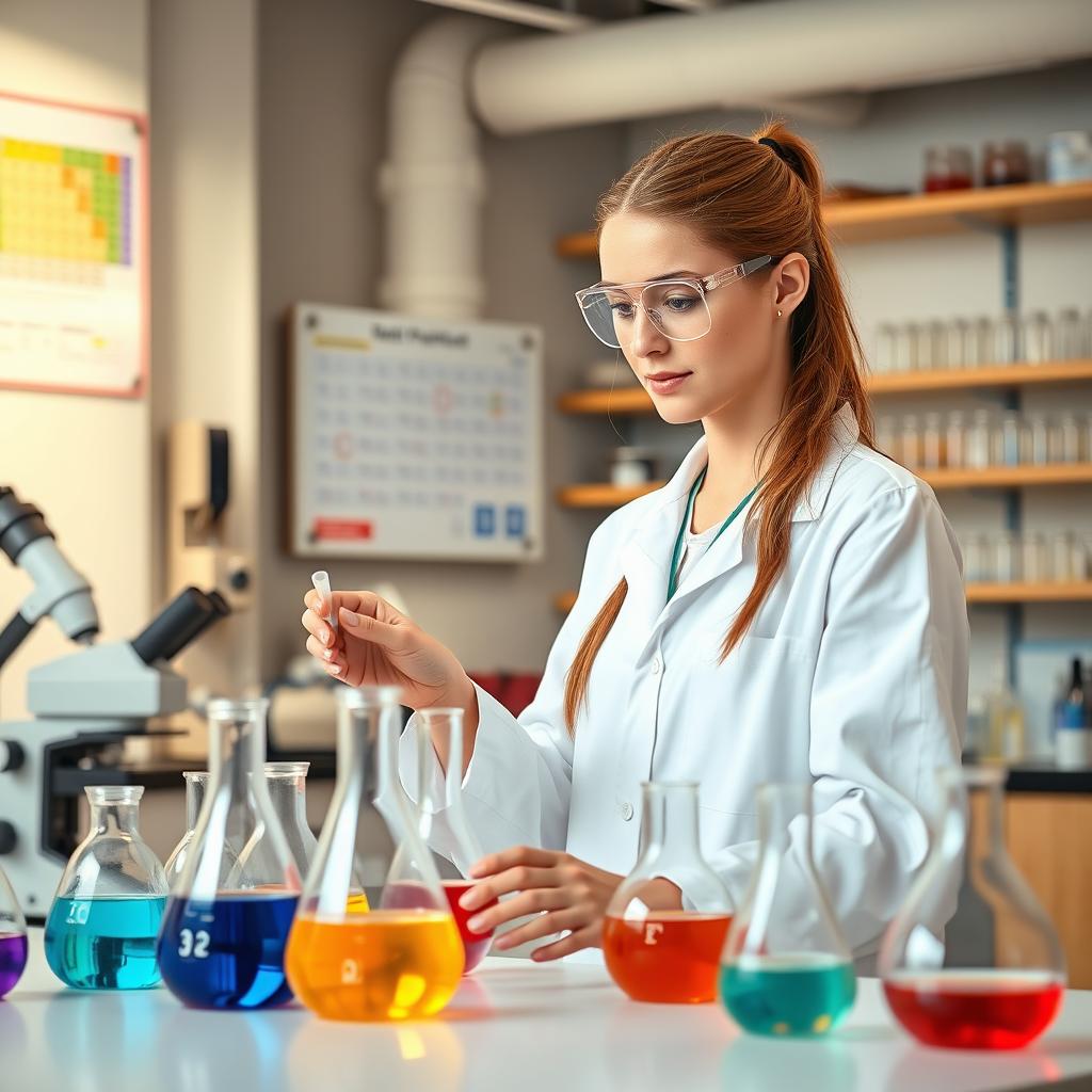 A young woman wearing a white lab coat, engaged in a chemistry experiment in a modern laboratory