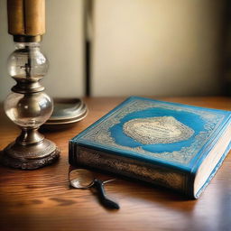 A hardcover Reader's Digest Great Illustrated Dictionary with a detailed, colorful cover laying open on a wooden study desk with antique glasses and a vintage lamp beside it.