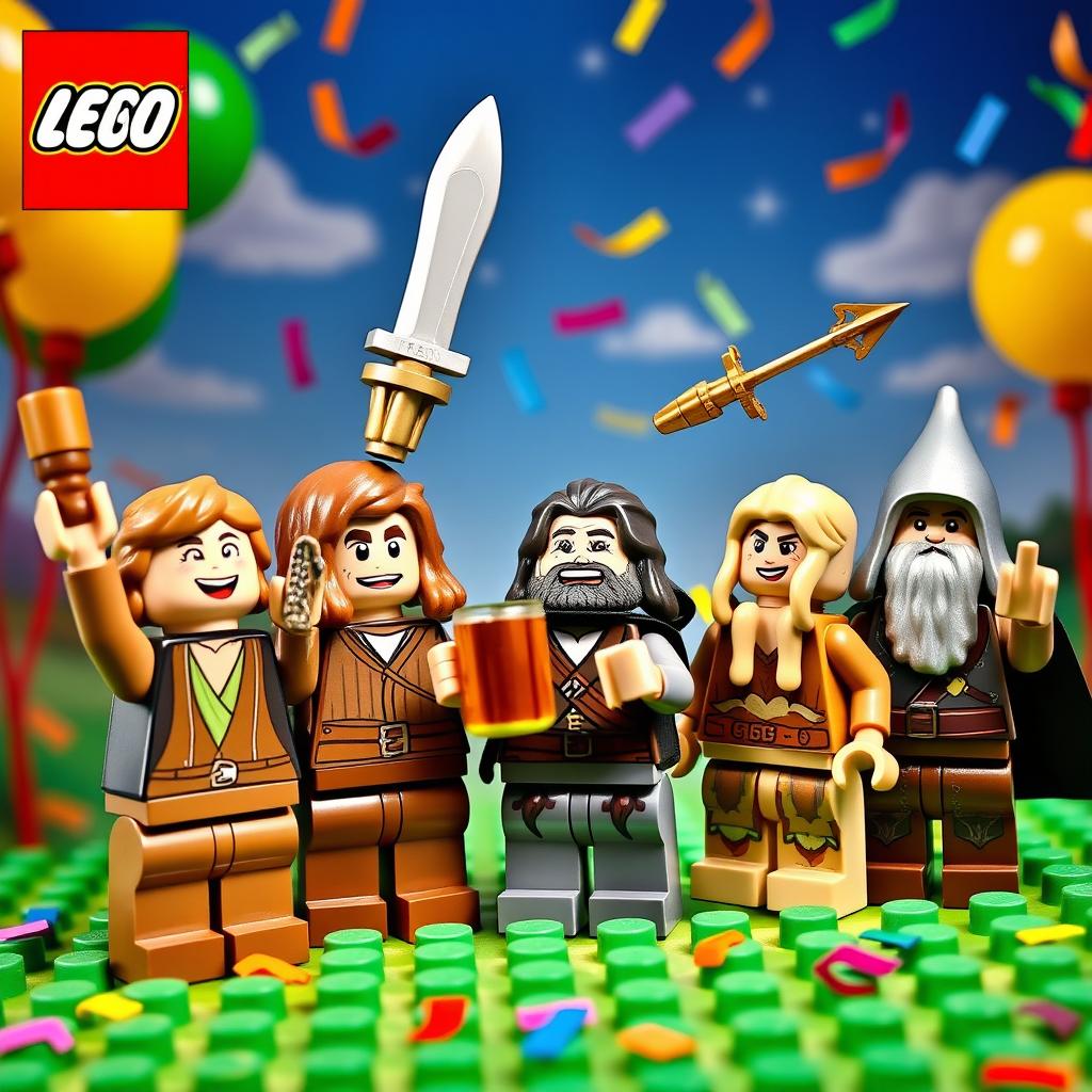 A festive scene featuring LEGO versions of Frodo Baggins, Aragorn, Gimli, Legolas, and Gandalf celebrating their victory