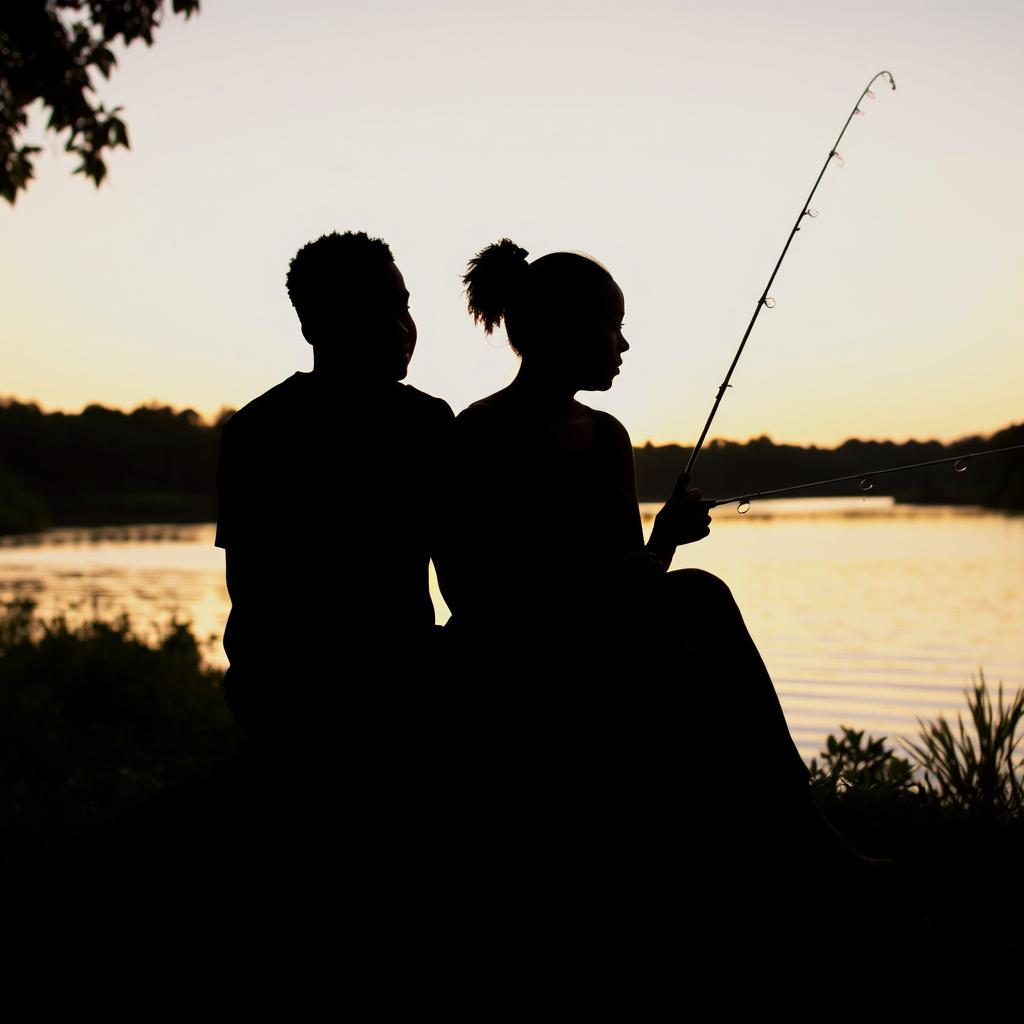 A serene scene capturing the shadows of a young black man and a woman sitting together by the riverbank