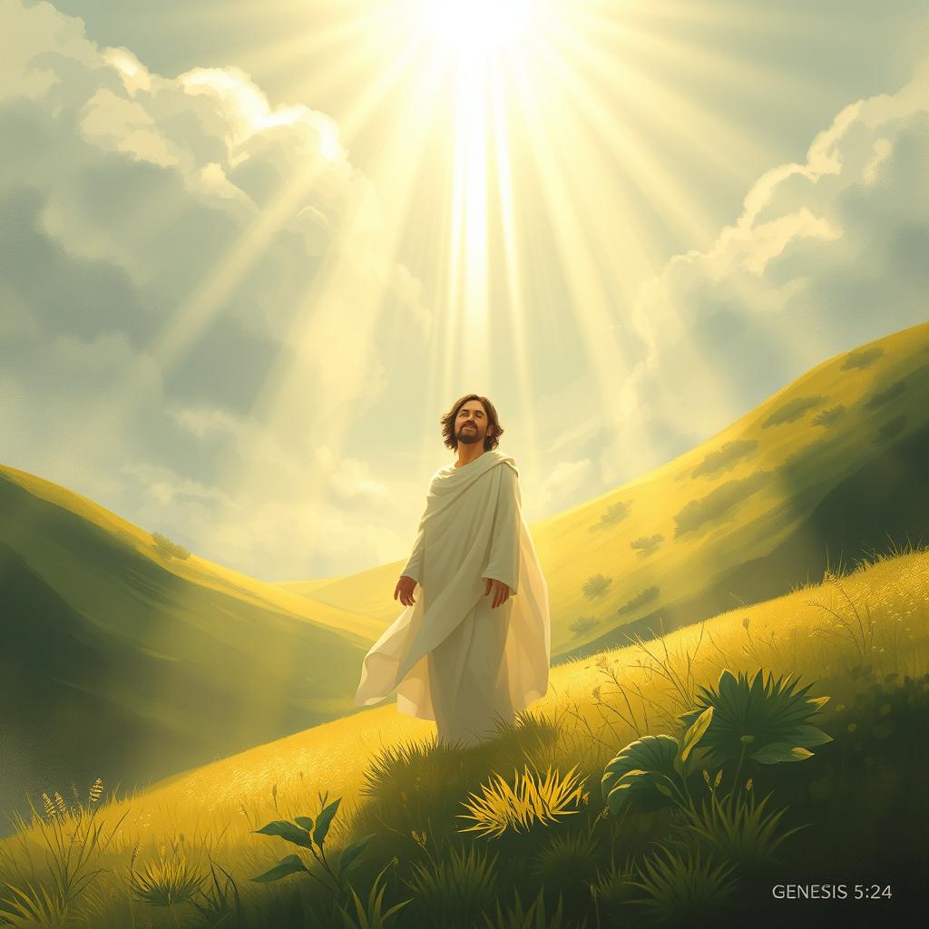 A poignant illustration inspired by Genesis 5:24, depicting Enoch's sudden disappearance as he is taken by God