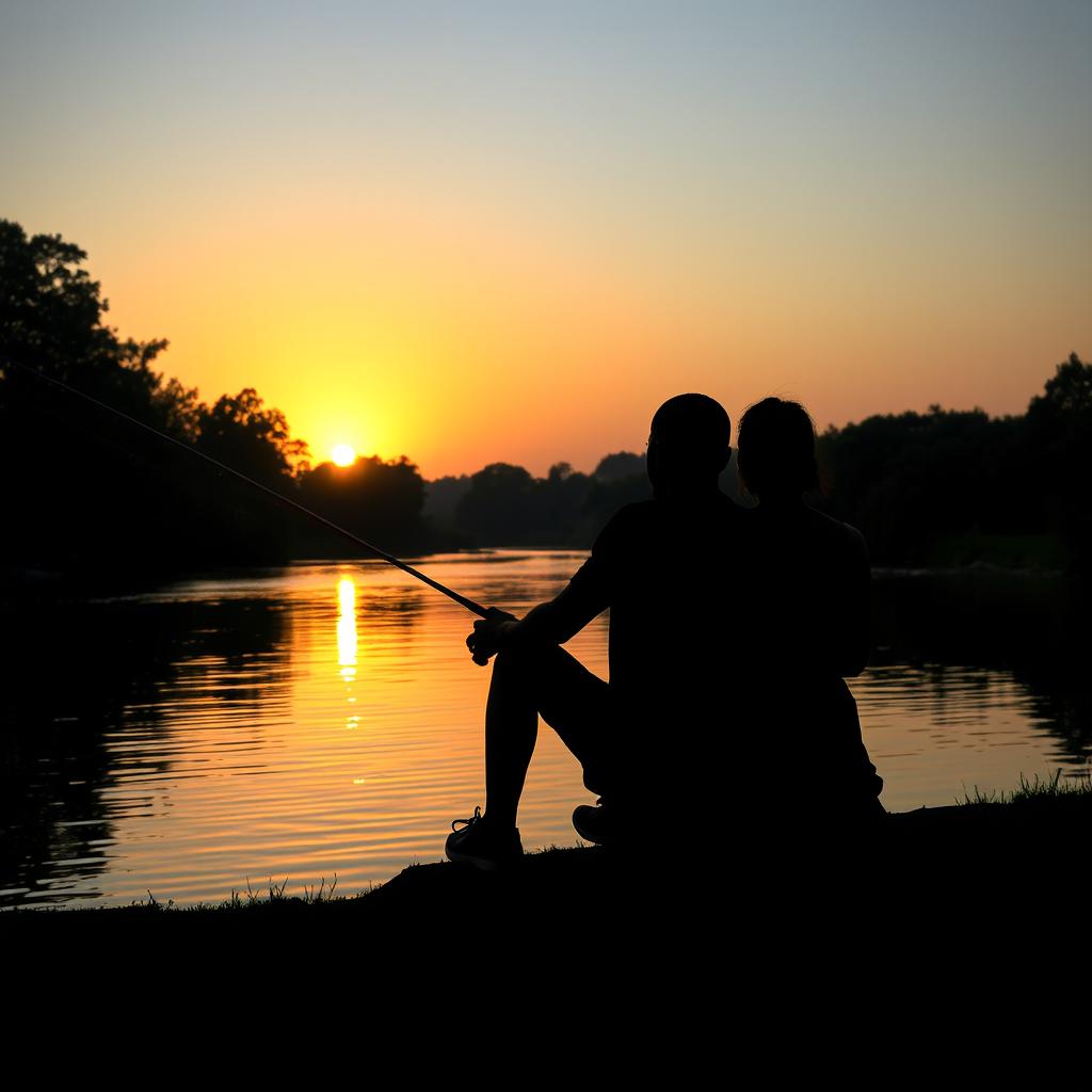 A serene scene capturing the shadows of a young black man and a woman sitting together by the riverbank