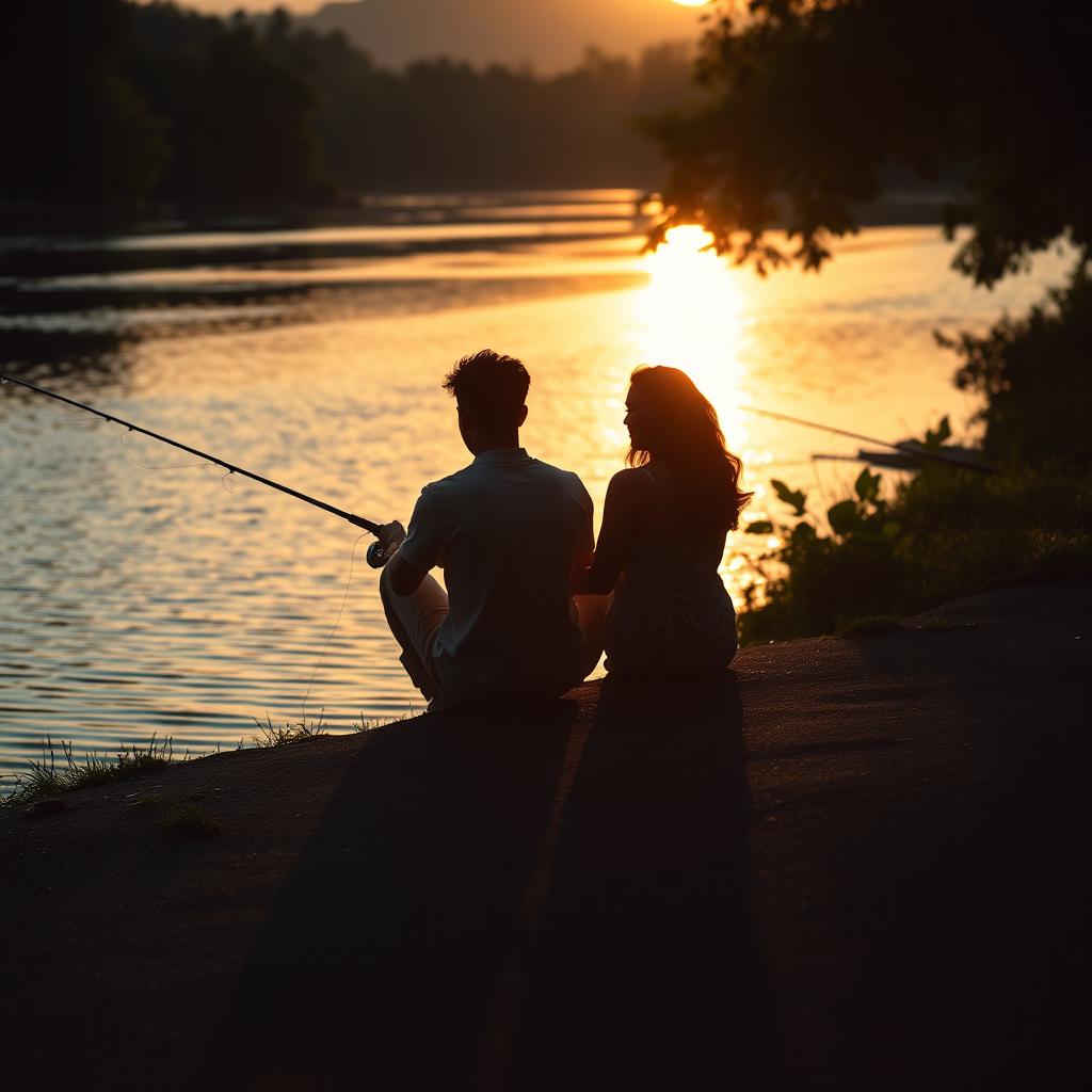 A serene scene capturing the shadows of a young black man and a woman sitting together by the riverbank