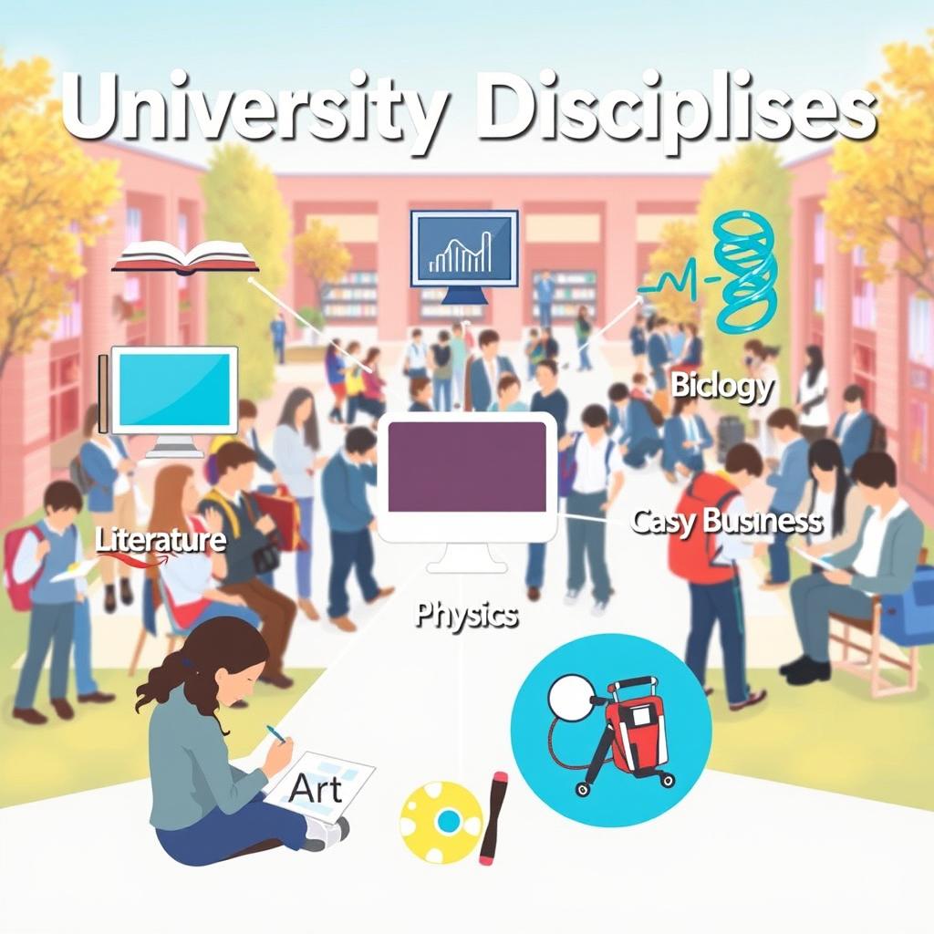 A visually appealing and informative representation of various university disciplines, including subjects like Literature, Computer Science, Biology, Physics, Business, and Art
