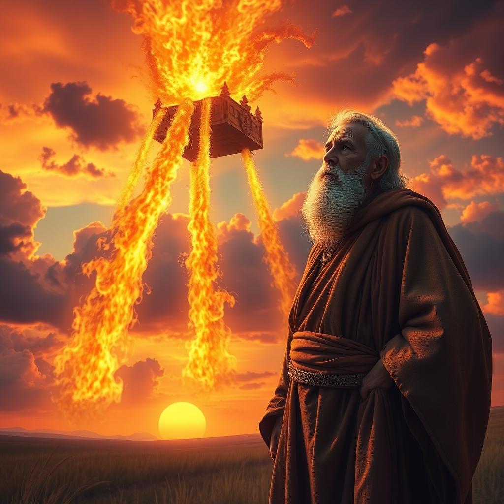 A dramatic scene depicting the moment when a fiery chariot descends from the sky in front of the prophet Elijah and his disciple Elisha