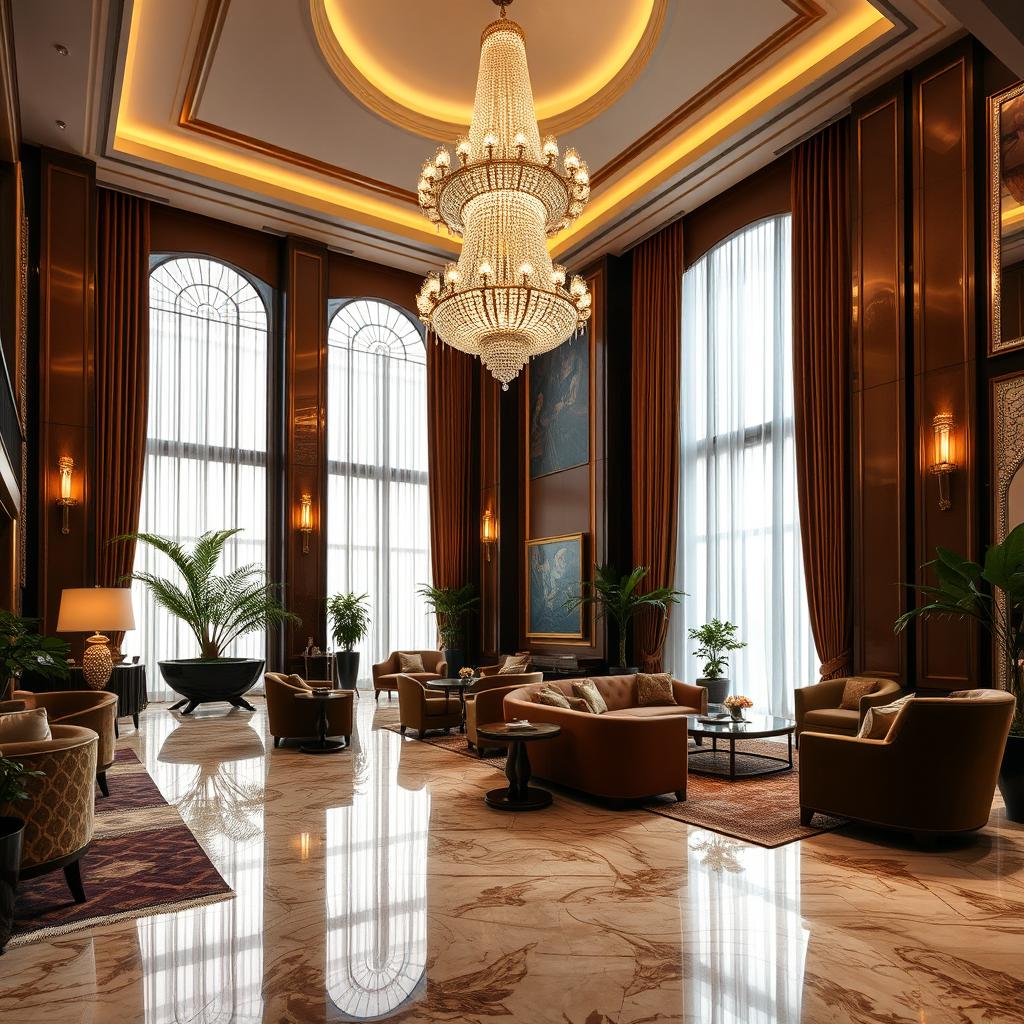 A luxurious hotel interior, featuring elegant furnishings, soft ambient lighting, and rich color palettes