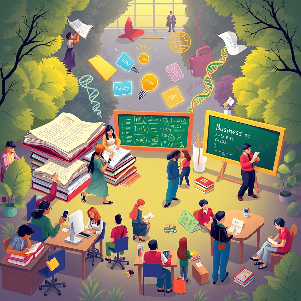 An engaging and colorful illustration showcasing various university disciplines, represented through creative and iconic imagery