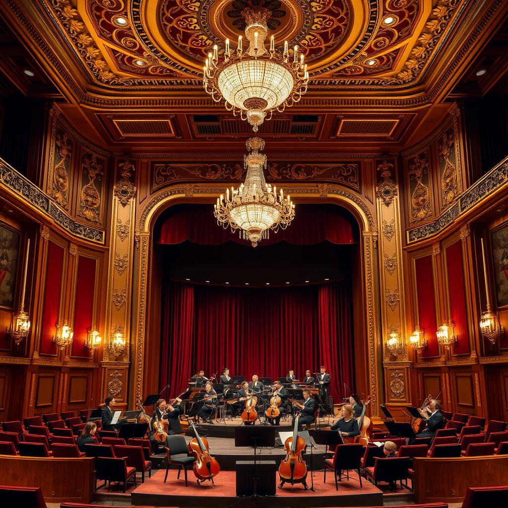 An opulent orchestra stage featuring luxurious interior decor, with a grand chandelier hanging from a high ceiling, ornate wooden panels, and plush velvet seating