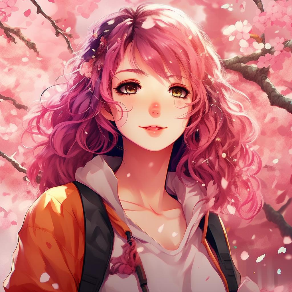 Anime style woman with vibrant colored hair, sparkling eyes filled with determination and a stylish, casual outfit surrounded by cherry blossom petals.