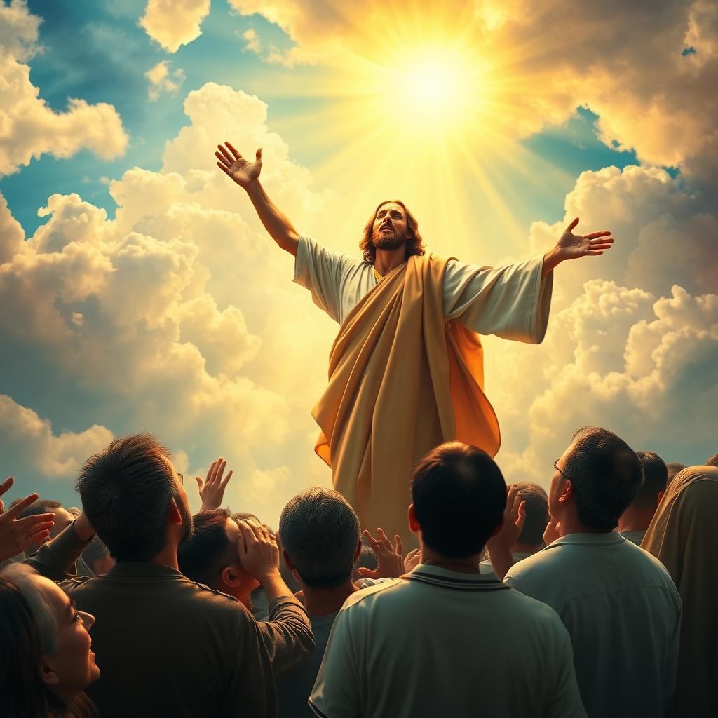 An awe-inspiring scene depicting the moment of Jesus' ascension to heaven, witnessed by a crowd of diverse followers