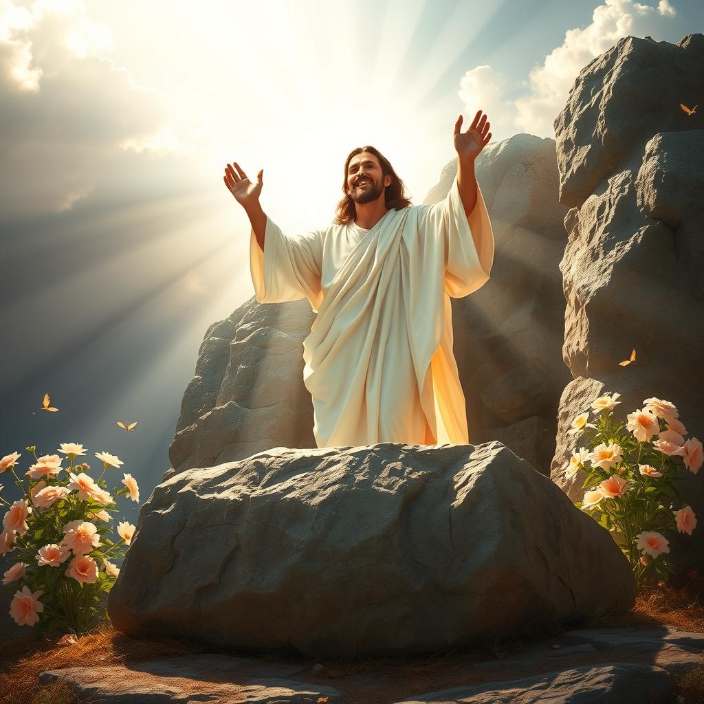 A triumphant depiction of the resurrection of Jesus Christ on the third day, showcasing Him emerging from the tomb